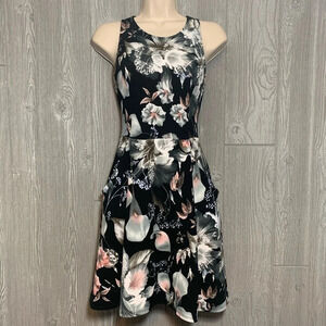 Aqua Floral Print Black Pink Gray Stretch Dress M